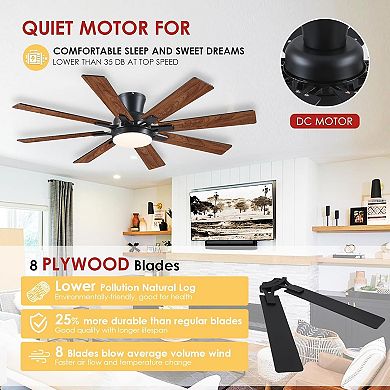 52 Inch Flush Mount Ceiling Fan with Light 8 Blade Quiet DC Motor Remote App Indoor Outdoor