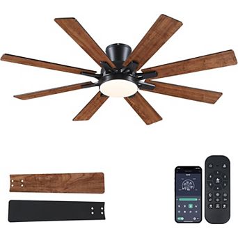 52 Inch Flush Mount Ceiling Fan with Light 8 Blade Quiet DC Motor Remote App Indoor Outdoor