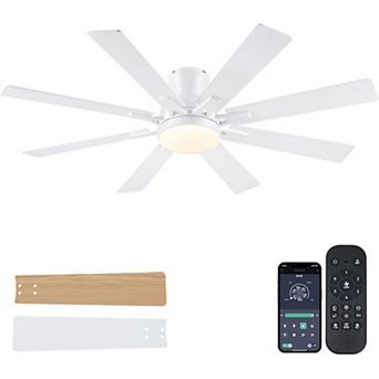 52 Inch Flush Mount Ceiling Fan with Light 8 Blade Quiet DC Motor Remote App Indoor Outdoor