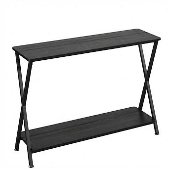 Slim Industrial Console Table with 2 tier Shelves, Narrow Metal Frame Side Table for Entryway