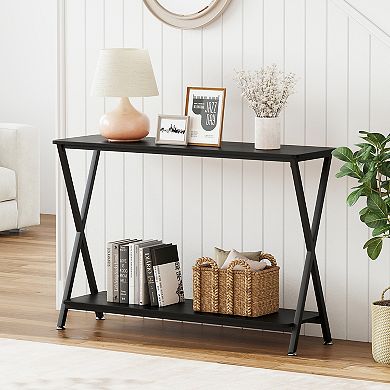 Slim Industrial Console Table with 2-Tier Shelves, Narrow Metal Frame Side Table for Entryway