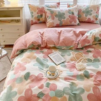 4 pc Cotton Duvet Cover Set with Fitted Sheet Pillow Shams Zipper Closure All Season