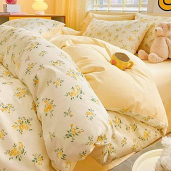 4 pc Cotton Duvet Cover Set with Fitted Sheet Pillow Shams Zipper Closure All Season