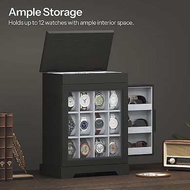 12-Slot Watch Box with Flip-Top Storage, Wooden Watch Case with Acrylic Display