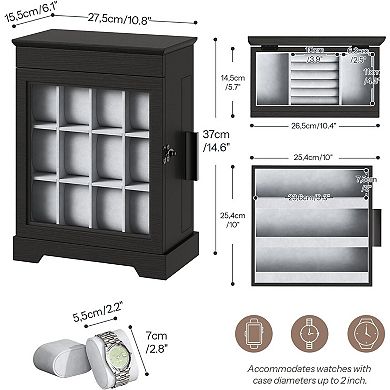 12-Slot Watch Box with Flip-Top Storage, Wooden Watch Case with Acrylic Display