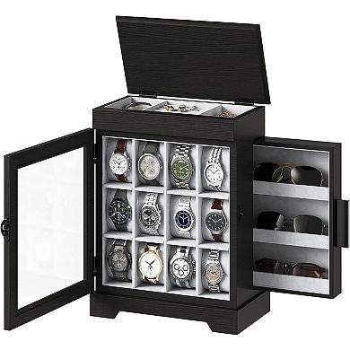 12-Slot Watch Box with Flip-Top Storage, Wooden Watch Case with Acrylic Display