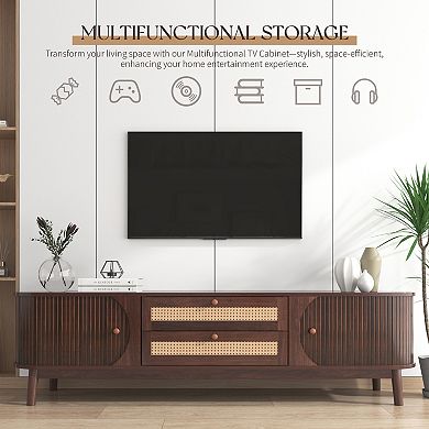 Rattan TV Stand for TVs up to 75", Modern Farmhouse Media Console with Solid Wood Legs