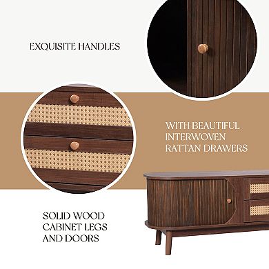 Rattan TV Stand for TVs up to 75", Modern Farmhouse Media Console with Solid Wood Legs