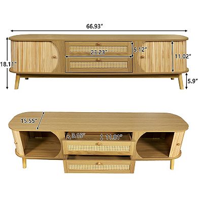 Rattan TV Stand for TVs up to 75", Modern Farmhouse Media Console with Solid Wood Legs