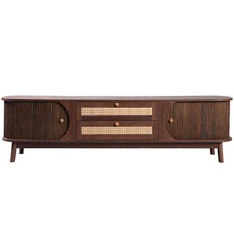Rattan TV Stand for TVs up to 75", Modern Farmhouse Media Console with Solid Wood Legs