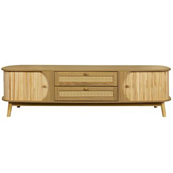 Rattan TV Stand for TVs up to 75", Modern Farmhouse Media Console with Solid Wood Legs