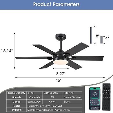 46" Ceiling Fan with LED Light, Quiet DC Motor, 6-Speed App Remote, Reversible Blades