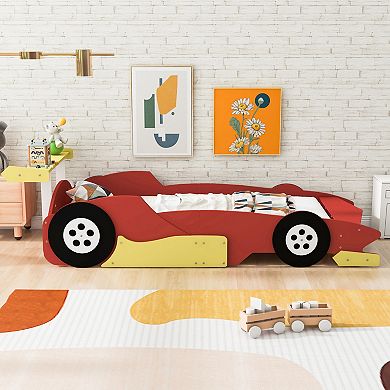 GOODSILO Twin Size Race Car Platform Bed with Safety Rails and Wheels for Kids