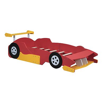 GOODSILO Twin Size Race Car Platform Bed with Safety Rails and Wheels for Kids