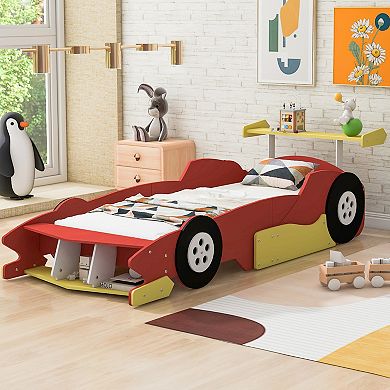 GOODSILO Twin Size Race Car Platform Bed with Safety Rails and Wheels for Kids