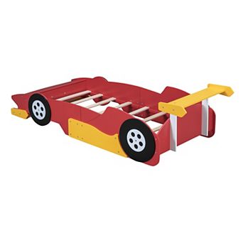 GOODSILO Twin Size Race Car Platform Bed with Safety Rails and Wheels for Kids