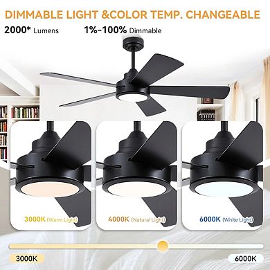 52 Inch Downrod Ceiling Fan with LED Light DC Motor Remote App 6 Speed Reversible Quiet