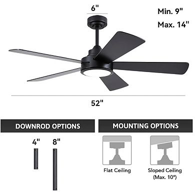 52 Inch Downrod Ceiling Fan with LED Light DC Motor Remote App 6 Speed Reversible Quiet