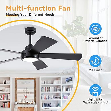 52 Inch Downrod Ceiling Fan with LED Light DC Motor Remote App 6 Speed Reversible Quiet