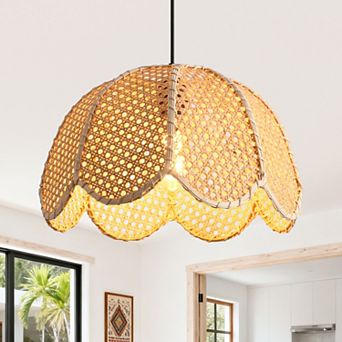 16" Bohemian Natural Petal Handwoven Wicker 1-Light Adjustable Pendant Light