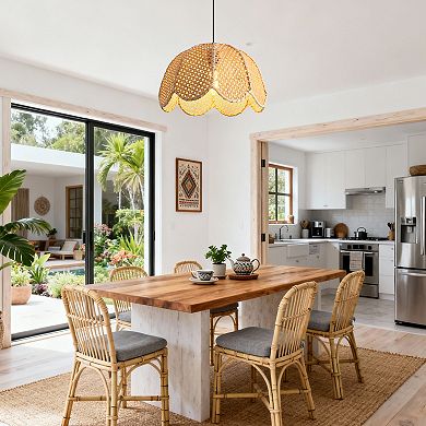 16" Bohemian Natural Petal Handwoven Wicker 1-Light Adjustable Pendant Light