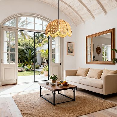 16" Bohemian Natural Petal Handwoven Wicker 1-Light Adjustable Pendant Light