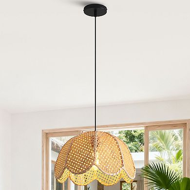 16" Bohemian Natural Petal Handwoven Wicker 1-Light Adjustable Pendant Light
