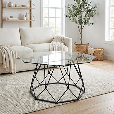 Glass Top Coffee Table with Steel Frame and Tempered Glass Surface
