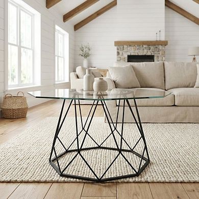 Glass Top Coffee Table with Steel Frame and Tempered Glass Surface