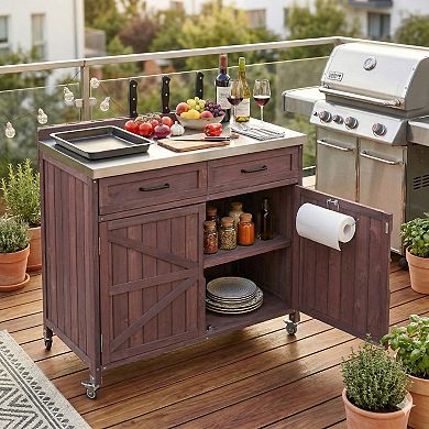 Outdoor Kitchen Island: Stainless Top Pizza Prep Table with Drawer & Storage Racks