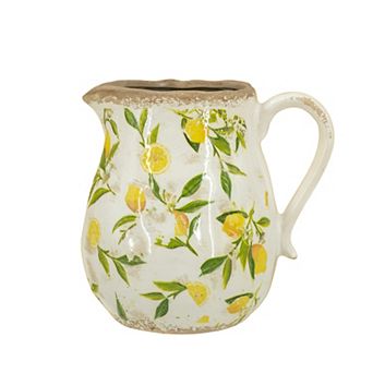 TOEMOA Distressed Ceramic Pitcher Vase with Lemon Floral Motif