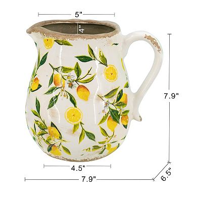 TOEMOA Distressed Ceramic Pitcher Vase with Lemon Floral Motif