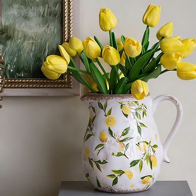 TOEMOA Distressed Ceramic Pitcher Vase with Lemon Floral Motif