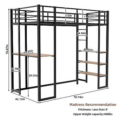 GOODSILO Space-Saving Iron Frame Loft Bed with Integrated L-Shaped Desk