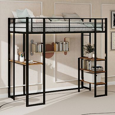 GOODSILO Space-Saving Iron Frame Loft Bed with Integrated L-Shaped Desk
