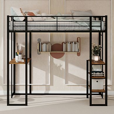 GOODSILO Space-Saving Iron Frame Loft Bed with Integrated L-Shaped Desk