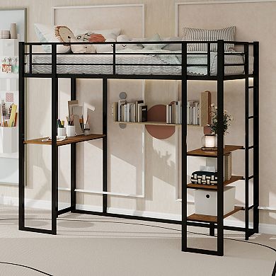 GOODSILO Space-Saving Iron Frame Loft Bed with Integrated L-Shaped Desk