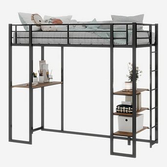 GOODSILO Space-Saving Iron Frame Loft Bed with Integrated L-Shaped Desk