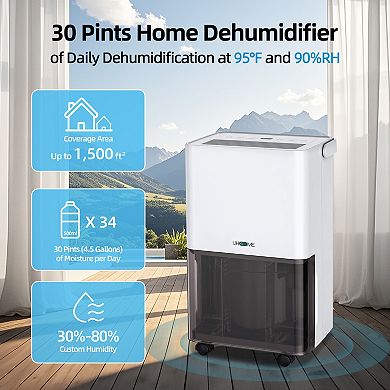 30 pt. 1,500 sq.ft. Dehumidifier in. White with Bucket and Drain Hose for Basement, Garage