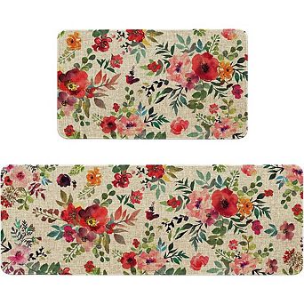 Red Pink Floral Kitchen Rug Set of 2 Non Slip Washable