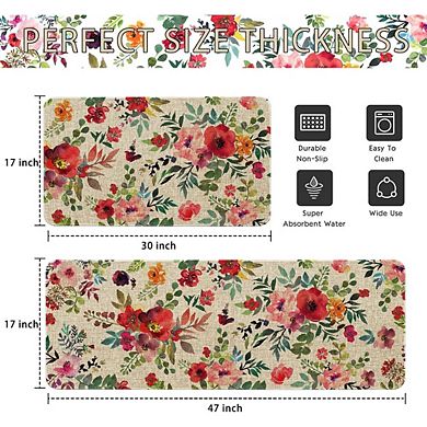 Red Pink Floral Kitchen Rug Set of 2 Non Slip Washable