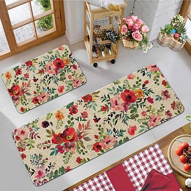 Red Pink Floral Kitchen Rug Set of 2 Non Slip Washable