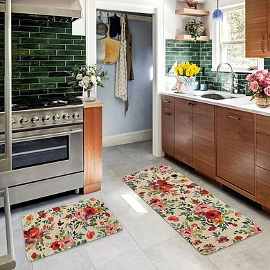 Red Pink Floral Kitchen Rug Set of 2 Non Slip Washable