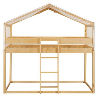 GOODSILO Twin Over Twin Wooden Bunk Bed with Play Tent for Kids Room