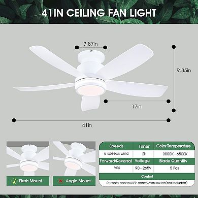 41 Inch Flush Mount Ceiling Fan with LED Light DC Motor Remote App Reversible 6 Speed