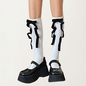 Women's Knee High Bow Ribbon Socks with Ruffle Trim, Soft Stretch Tall Dress Socks