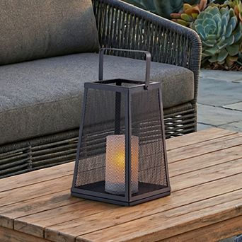 H10" Solar Outdoor Lantern with Flickering Candle Light Modern Metal Mesh Patio Lantern with Handle