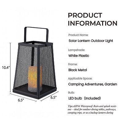 H10" Solar Outdoor Lantern with Flickering Candle Light Modern Metal Mesh Patio Lantern with Handle