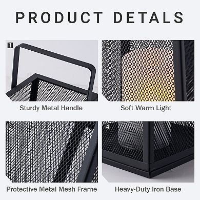 H10" Solar Outdoor Lantern with Flickering Candle Light Modern Metal Mesh Patio Lantern with Handle