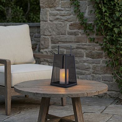 H10" Solar Outdoor Lantern with Flickering Candle Light Modern Metal Mesh Patio Lantern with Handle